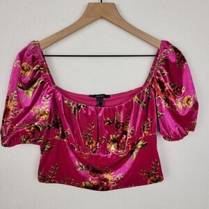 Forever 21 Milkmaid Floral Velvet Crop Top L Fit-S Pink Puff Sleeve Y2K Coquette